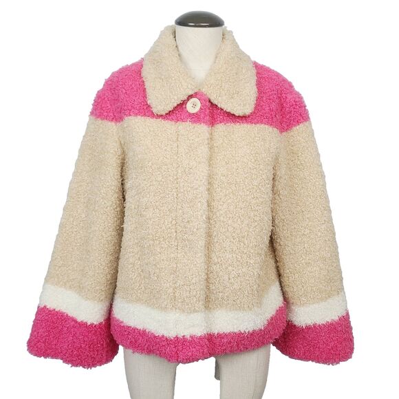 Anthropologie Jackets & Blazers - Anthropologie Teddy Coat XS Beige Pink Colorblock Snap Front Faux‎ Fur Jacket